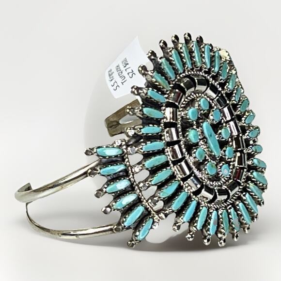 ZUNI Sterling Silver Kingman Turquoise Cluster Bracelet Signed N & R Nez - NEW - Picture 4 of 16
